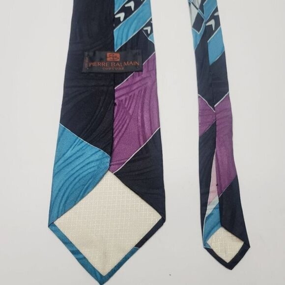 Vintage Pierre Balmain Couture Silk Electric Blue Black Geometric Necktie Funky - Picture 3 of 8
